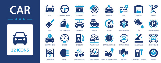 Car icon set. Auto service and repair icon collection. Vehicle repair, wheel, engine, battery, fuel, traffic, brake, automobile, auto service.