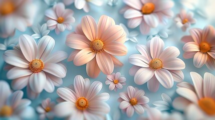 Poster - Cute, pastel-colored daisies on a simple background. top view.