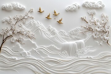 Sticker - A remarkable Japanese landscape with waterfalls is presented using a volumetric stucco technique on a concrete wall.