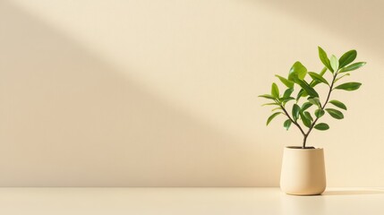 Wall Mural - Small Plant in Beige Pot Against Wall - A small potted plant sits against a beige wall, symbolizing growth, nature, serenity, simplicity, and home.