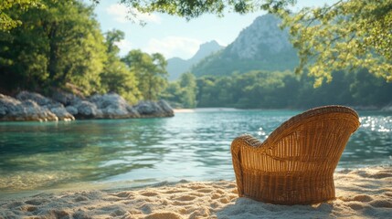 Wall Mural - Relaxing wicker chair on sandy beach overlooking calm turquoise water and mountains.