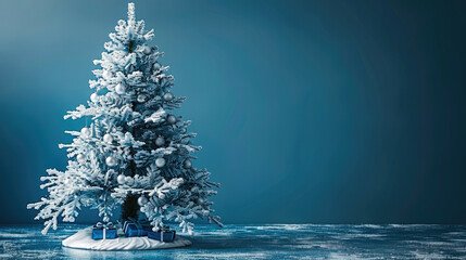 Aufkleber - A white Christmas tree with blue toys on a midnight blue background.