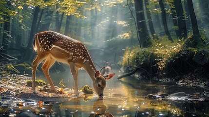 Poster - A deer drinking calmly from a still forest stream, with light filtering softly through the trees, symbolizing peace.