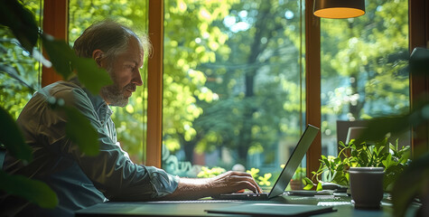 Poster - A man working on his laptop in his office, green lush park behind a window.