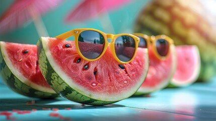 Watermelon with sunglasses, vacation theme, bright background.