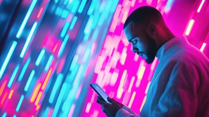 Poster - Businessman Using Smartphone in Colorful Neon Technology Environment