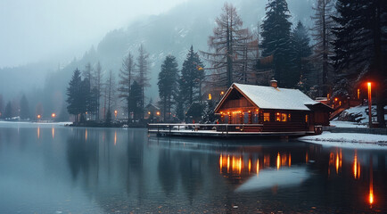 Poster - A log cabin by a lakeside, nestled at the edge of a misty forest, adorned with Christmas decorations.