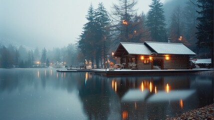 Poster - A log cabin by a lakeside, nestled at the edge of a misty forest, adorned with Christmas decorations.