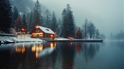 Poster - A log cabin by a lakeside, nestled at the edge of a misty forest, adorned with Christmas decorations.