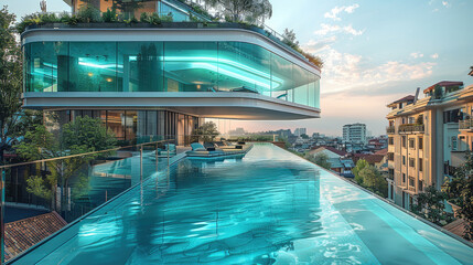 Multi-level swimming pool above the street. on apartment building.