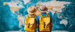 © FATNA - Couple exploring a world map, embracing the adventure of travel and planning their next journey together with backpacks.
