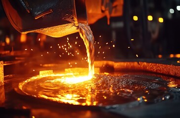 Realistic shot of an industrial setting, where molten metal is being poured from a steel ladle into a casting mold