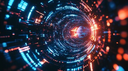 Poster - Digital planets rotating in a vibrant neon tunnel at night. Generative AI