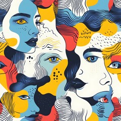 Poster - Artistic Abstract Pattern of Diverse Faces in Vibrant Colors
