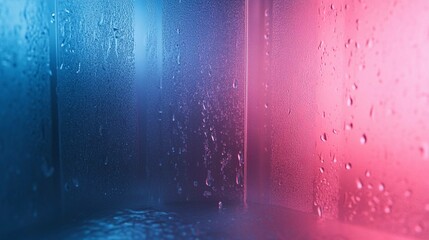 Poster - Drops of water on glass with a gradient pink and blue background. Generative AI