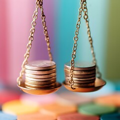 Poster - Balancing Scales with Stacks of Coins on Colorful Background
