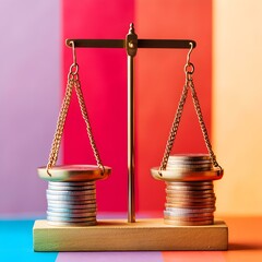 Poster - Balancing Scales with Stacks of Coins on Colorful Background