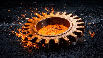 Poster - Rusty Gear with Splashes of Fire against a Dark Background