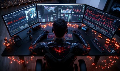 Poster - Person Working at a Desk with Multiple Monitors and Data Visualizations