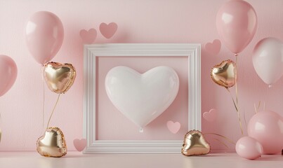 Wall Mural - A 3D rendered illustration of a Valentine's Day decoration, complete with a heart-shaped frame, balloons, confetti, and space for text.