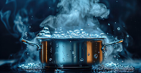 Poster - A stainless steel pot with boiling water, steam rising and swirling against a deep, dark background.