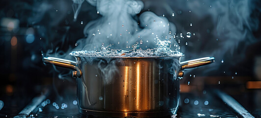 Poster - A stainless steel pot with boiling water, steam rising and swirling against a deep, dark background.