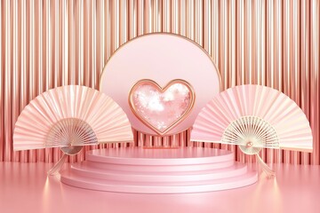 Wall Mural - A 3D rendering of a minimal scene with a blank podium for Valentine's Day. This product presentation mock-up features a display stand on a cylinder stage, designed in a sweet and lovely pink color