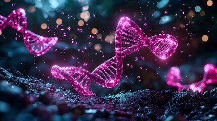 Poster - Glowing DNA Strands with Particles in a Dark Mystical Environment