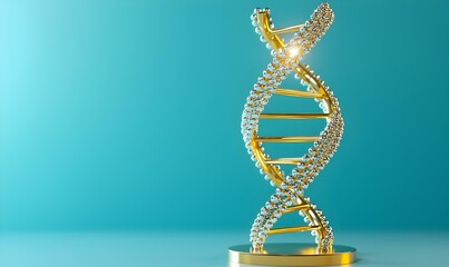 Poster - Golden DNA Helix Sculpture with Sparkling Elements on Blue Background
