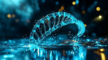 Poster - Close-Up of a DNA Double Helix in Glowing Blue Waves