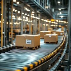 Poster - Automated Conveyor Belt System with Boxes in a Modern Warehouse