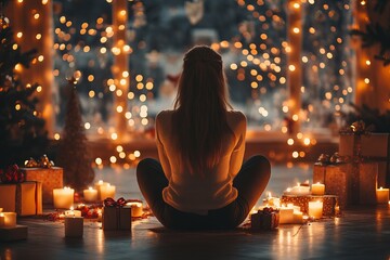 Canvas Print - A woman sits cross-legged on the floor, surrounded by candles and gifts, gazing at a softly lit, festive scene through a window