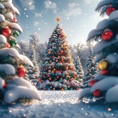 Poster - A snow-covered forest with fir trees, a big fir tree in the middle which is decorated with colorful Christmas balls.