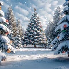 Poster - A snow-covered forest with fir trees, a big fir tree in the middle which is decorated with colorful Christmas balls.