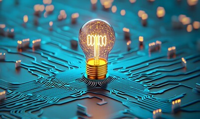Poster - Glowing Light Bulb on Circuit Board in Modern Technology Concept