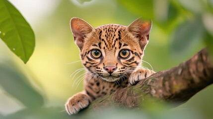 Wall Mural - Adorable ocelot kitten perched on a tree branch, looking directly at the camera.