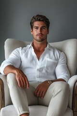 Wall Mural - A male model in a classic white shirt and light pants, seated in a stylish armchair against a neutral background