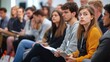 © Daria Lukoiko - Young leaders presenting innovative ideas at an environmental forum, addressing a mixed audience of engaged attendees taking notes. The shared commitment to sustainability and progress