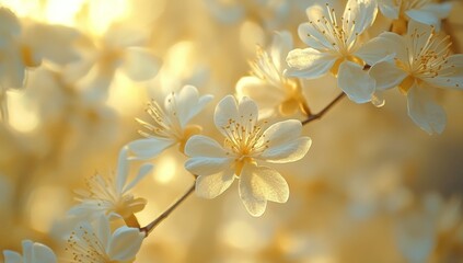 Wall Mural - Delicate white blooms illuminated by warm sunlight during golden hour in a serene natural setting