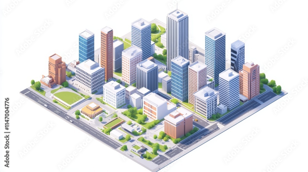 Vector isometric city map 3d, skyscraper district part of icons ...
