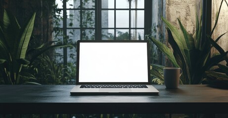 Aufkleber - A blank white screen of an open laptop on a table with plants and coffee cups, set against dark wood tones and green accents. A large window adds depth. Perfect for mockups and templates