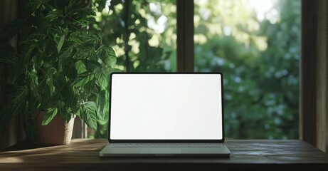 Aufkleber - A mockup of an open laptop with a blank white screen on a wooden table, sunlight streaming through a window, and a blurred green plant in the background. Perfect for templates and designs