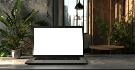 Aufkleber - Laptop mockup with a blank screen on a grey concrete table in a loft-style industrial interior featuring plants. Ideal for mockups and design templates