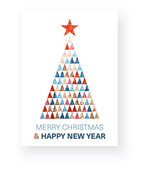 Canvas Print - Vector illustration of a geometric Christmas tree with glittering triangles, topped with a red star, and festive Merry Christmas and Happy New Year text.