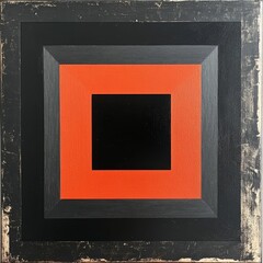 Abstract painting: nested squares, black, orange, textured frame.