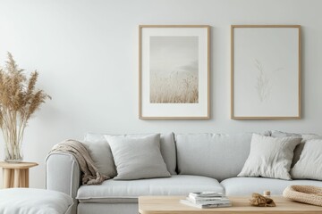 Wall Mural - Neutral living room, light couch, framed botanical prints.