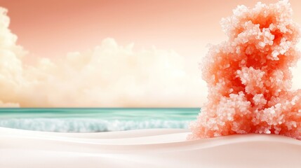 Wall Mural - a large pile of pink sugar crystals on a beach with the ocean in the background