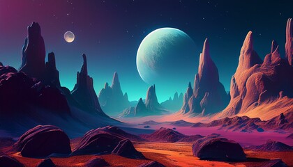 Wall Mural - landscape with moon and mountains