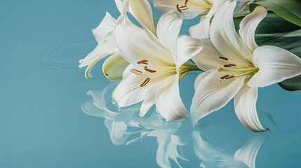 Poster - White lilies on a serene blue water surface, close-up shot, Minimalist style