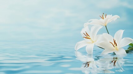 Poster - White lilies on a serene blue water surface, close-up shot, Minimalist style